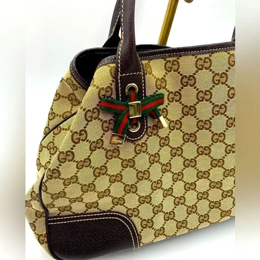 Auth GUCCI GG Monogram Tan Brown Canvas Leather Princey Shoulder 2way Handbag